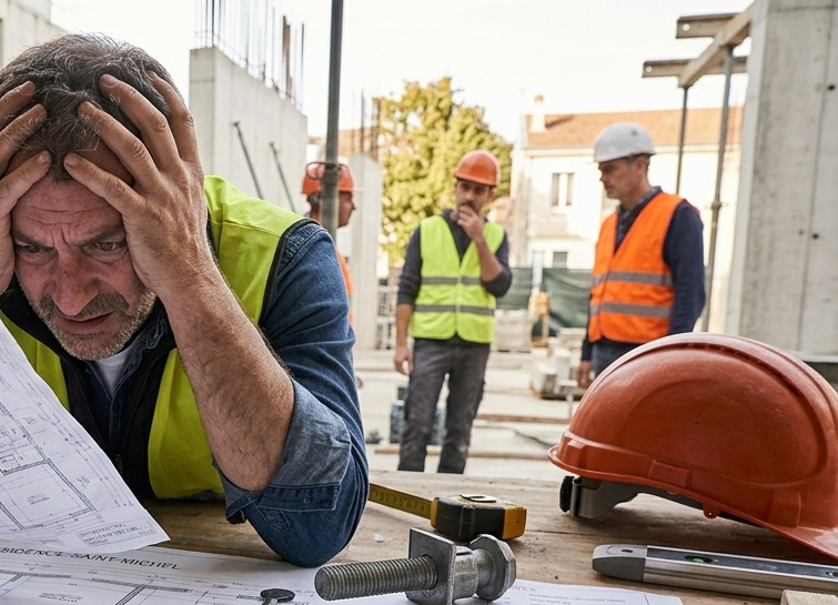 construction worker wearing high vis vest looks visibly distressed at possible invoice fraud
